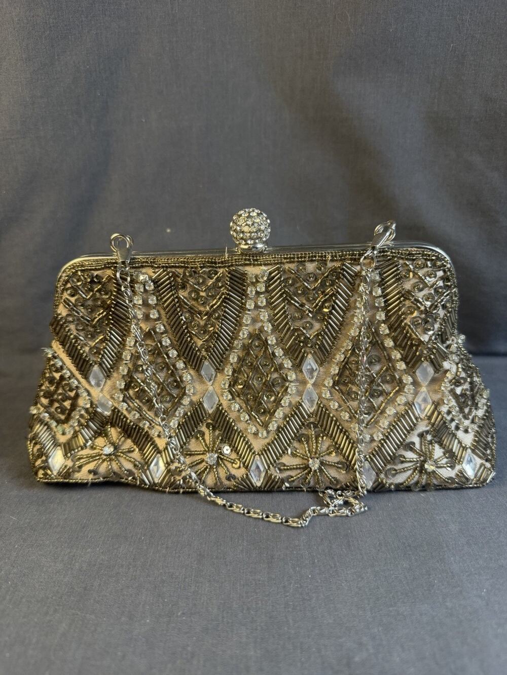 Vintage-style Beaded Handbag Silver Rhinestone Bead Chain